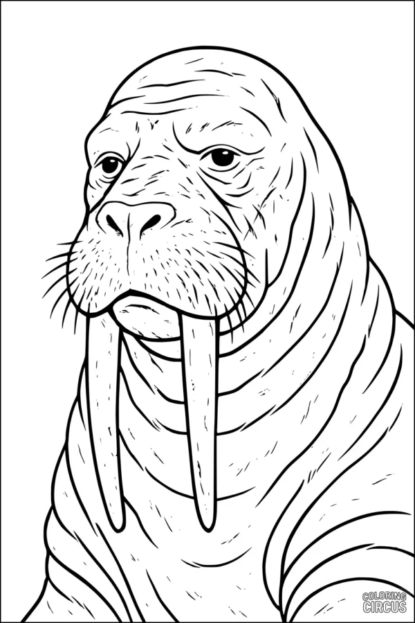 Coloring page of a wise walrus with long tusks and wrinkled skin
