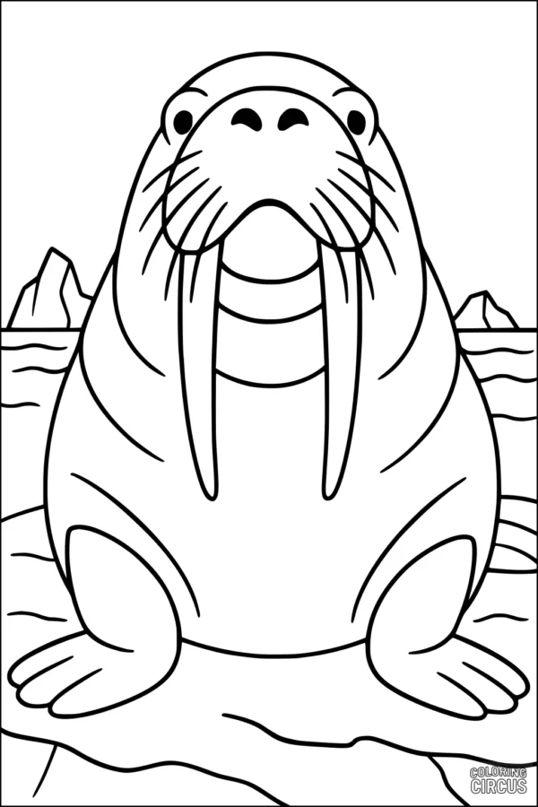 Coloring page with a cartoon walrus sitting on ice in the Arctic with icebergs in the background