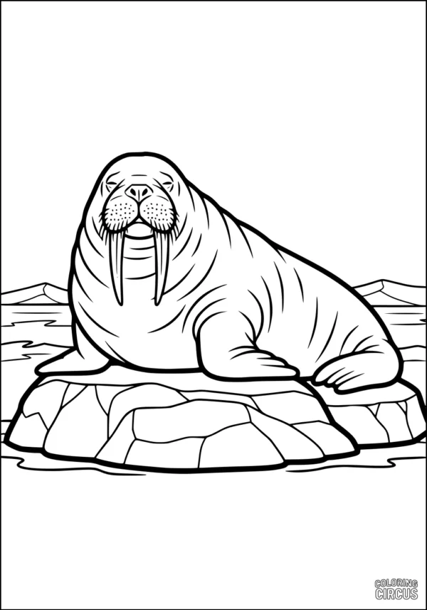 Coloring page of a walrus resting on an icy rock in an Arctic landscape