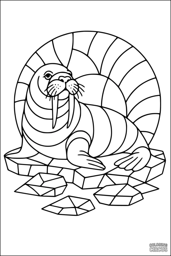 Coloring page featuring a walrus relaxing on ice with circular striped background