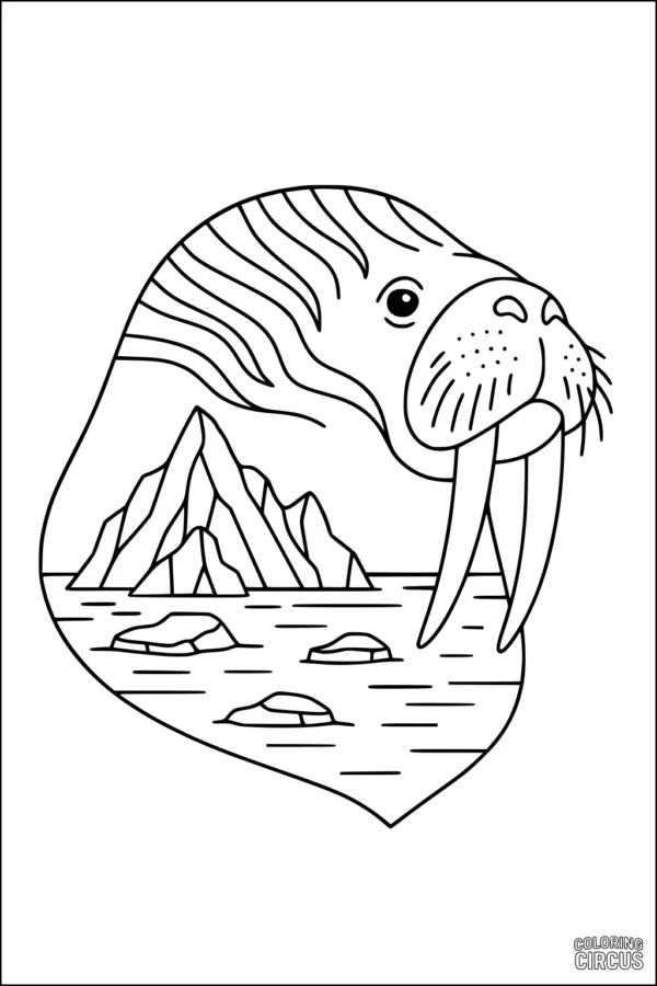 Coloring page featuring a large walrus head with tusks, set against icy water and distant mountains