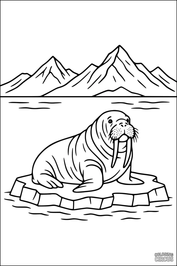 Coloring page showing a walrus on ice with mountains and ocean background