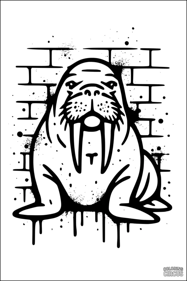 Coloring page of a walrus sitting in front of a brick wall with playful splatter effects