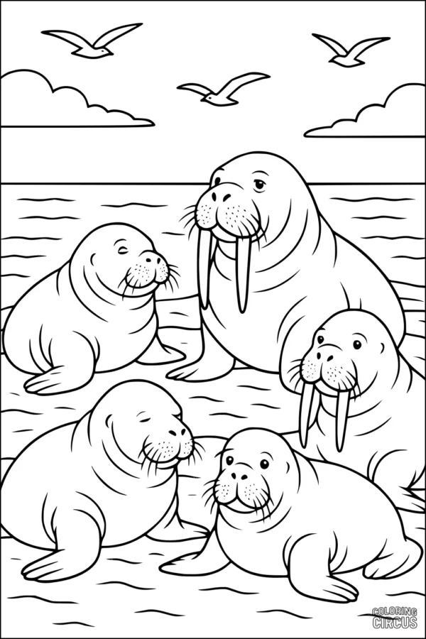 Coloring page of a family of walruses resting by the sea with birds, clouds, and waves in the background