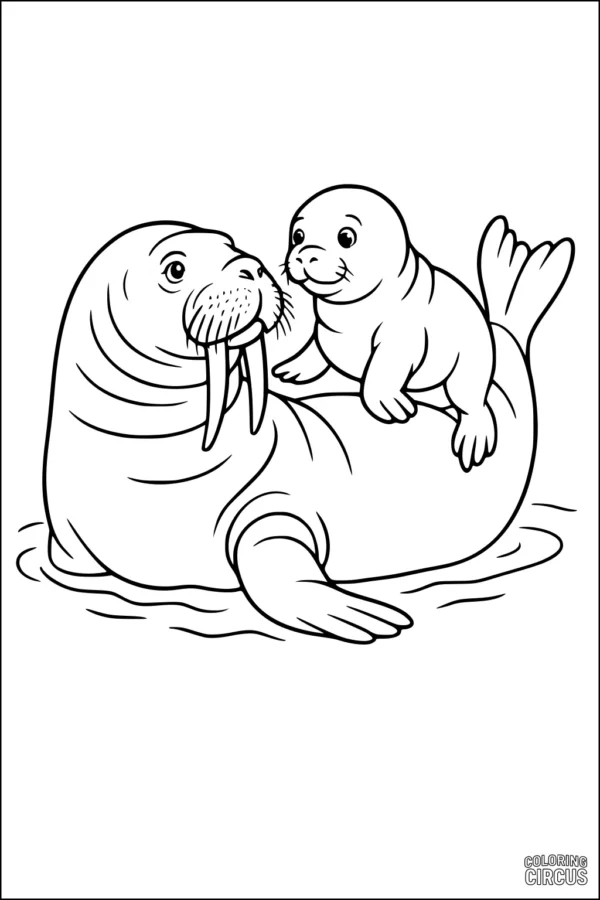 Coloring page of a mother walrus with her pup resting on her back in the water