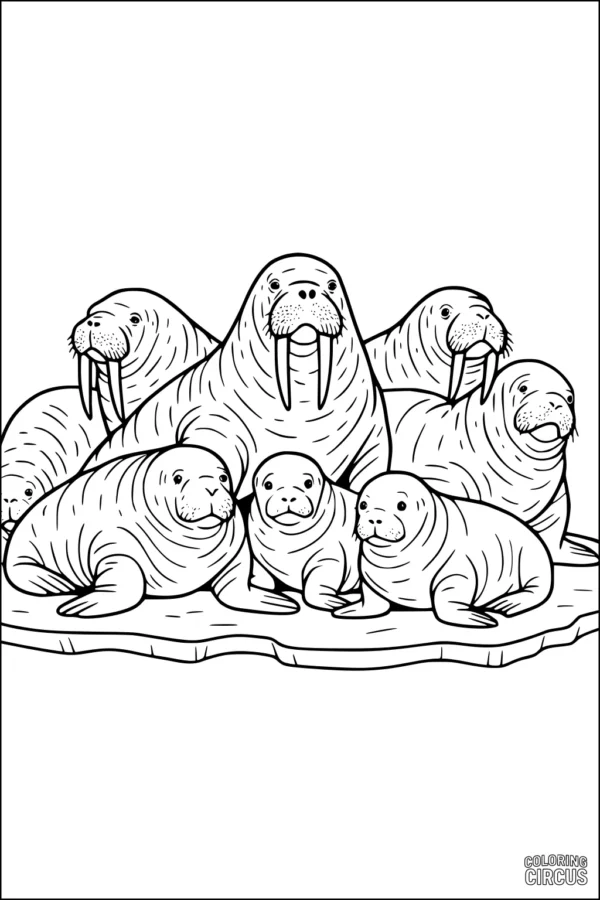 Coloring page showing a group of walruses, including adults and pups, relaxing on an ice floe