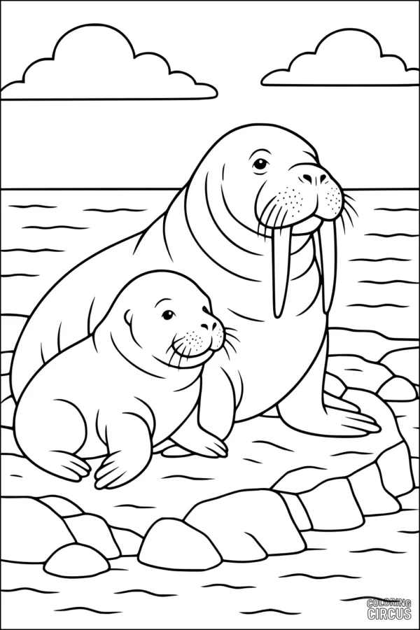 Coloring page showing a parent and baby walrus sitting on rocks near the ocean with clouds above