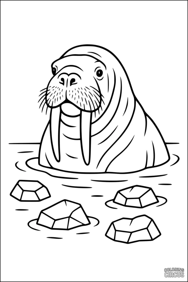 Coloring page featuring a friendly walrus with long tusks in icy arctic water
