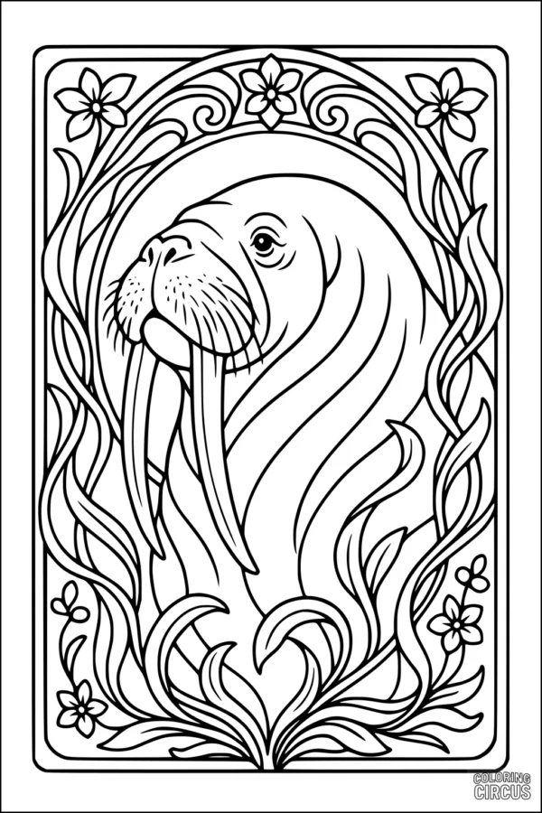 Coloring page showing a walrus surrounded by decorative flowers and swirling sea plants in a detailed frame
