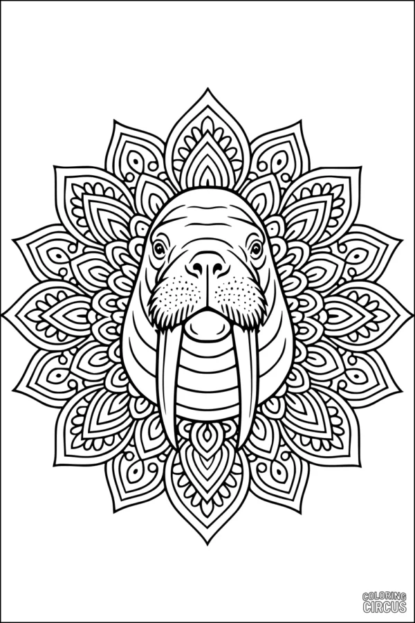 Coloring page featuring a detailed walrus head surrounded by a patterned mandala design