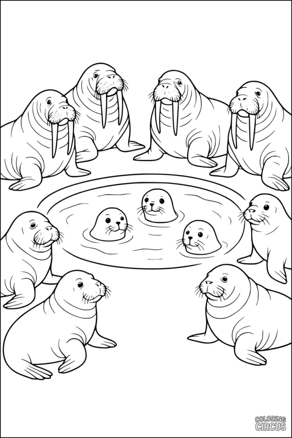 Coloring page with a group of cartoon walruses gathered around a pond with swimming pups