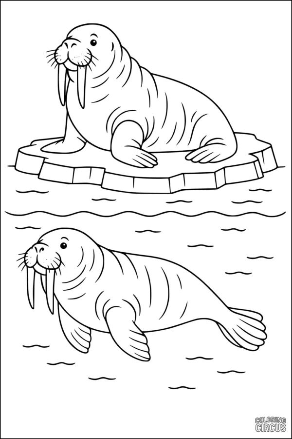Coloring page featuring two cartoon walruses, one on ice and one swimming