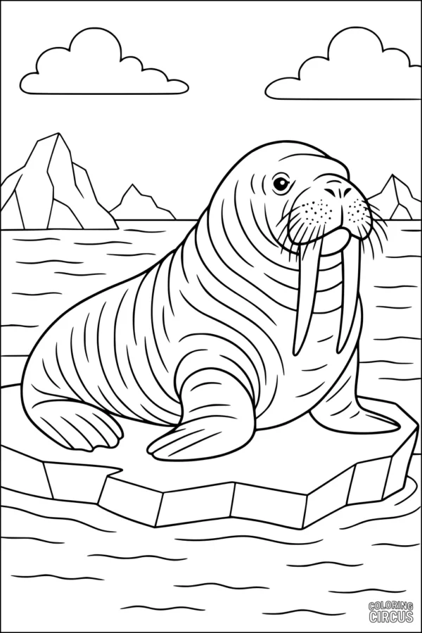 Coloring page featuring a walrus sitting on ice in the Arctic with mountains and clouds in the background