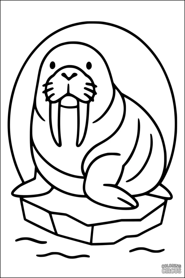 Coloring page of a cute walrus with big tusks sitting on an iceberg