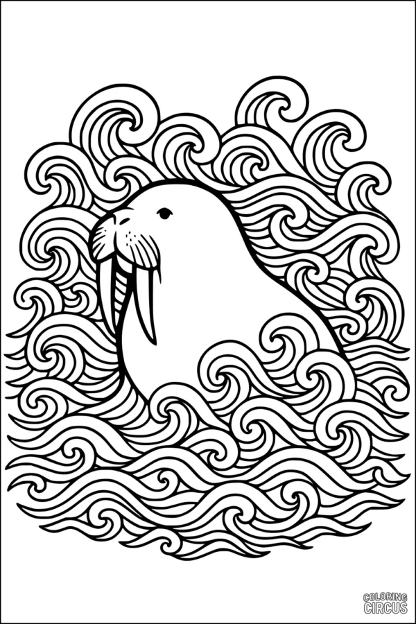Coloring page featuring a walrus surrounded by swirling ocean waves, ideal for kids
