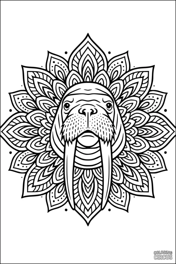 Coloring page showing a detailed walrus face within a decorative mandala flower pattern