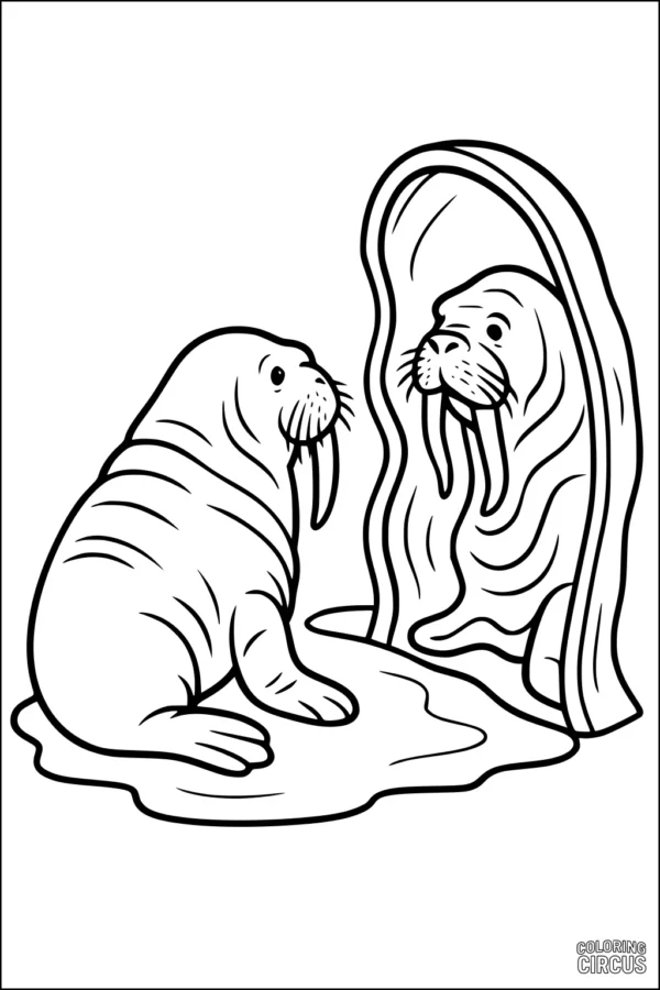 Coloring page showing a walrus looking at its reflection in a puddle
