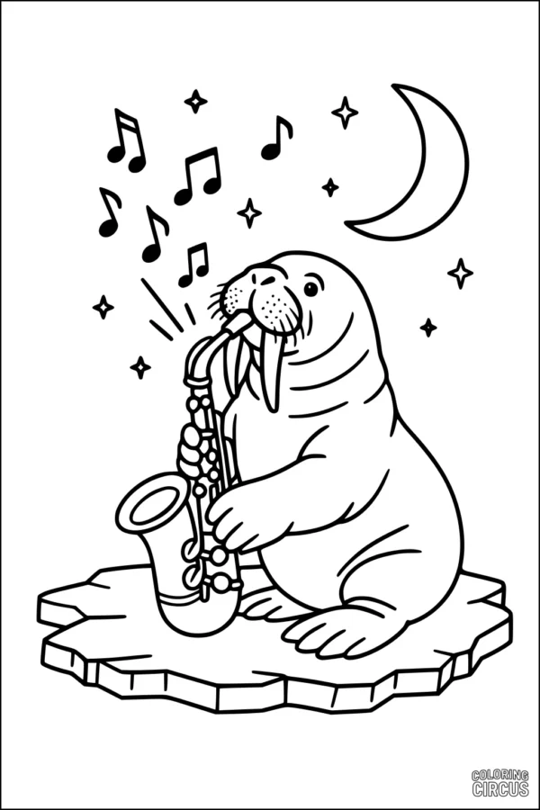 Coloring page of a walrus playing a saxophone on ice under moon and stars