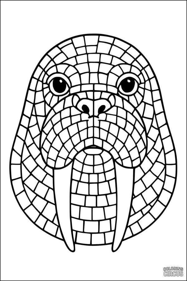 Coloring page of a mosaic-style walrus face for kids