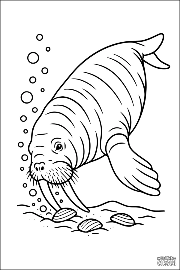 Coloring page of a walrus searching for clams underwater with bubbles and shells