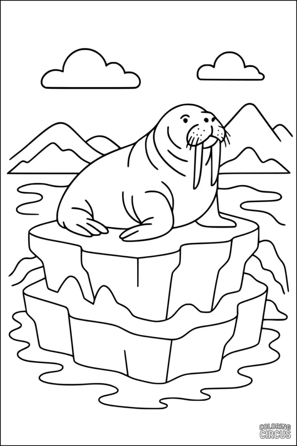 Coloring page walrus resting on iceberg with mountains and clouds in background