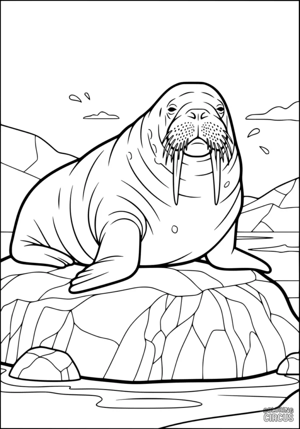 Coloring page featuring a walrus sitting on a rocky iceberg in an Arctic landscape