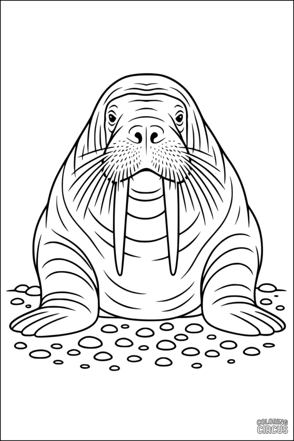 Coloring page featuring a friendly walrus on a rocky shore, simple outline for kids activities