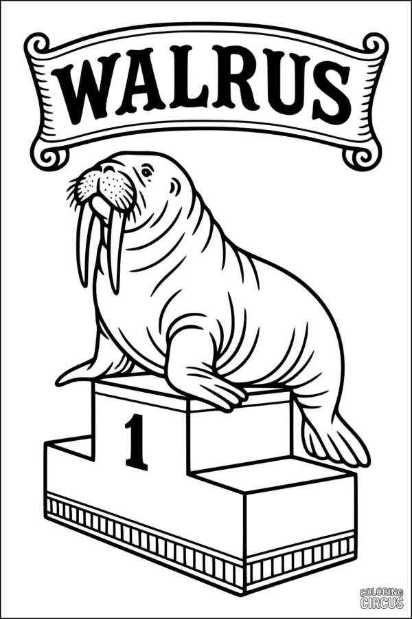 Coloring page featuring a cheerful walrus sitting on a number one winner’s podium with a banner overhead.