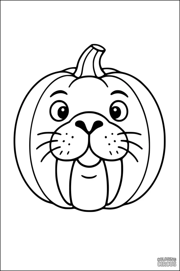 Coloring page of a cute walrus face inside a pumpkin for kids