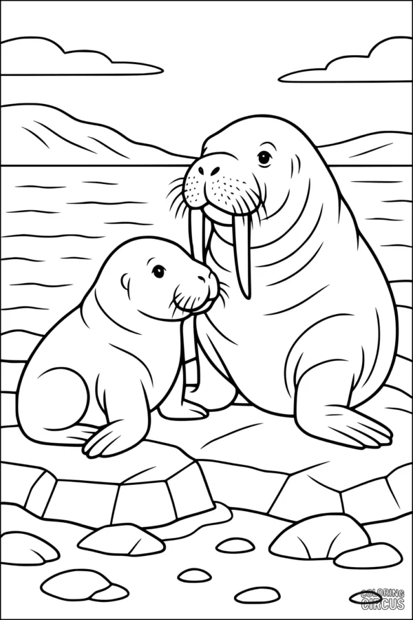 Coloring page of a walrus parent and calf sitting on rocks by the water with mountains and clouds in the background