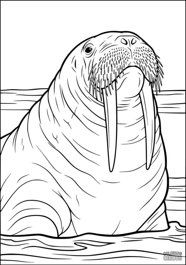 Coloring page showing a friendly walrus with big tusks and whiskers by the water, perfect for kids interested in ocean animals.