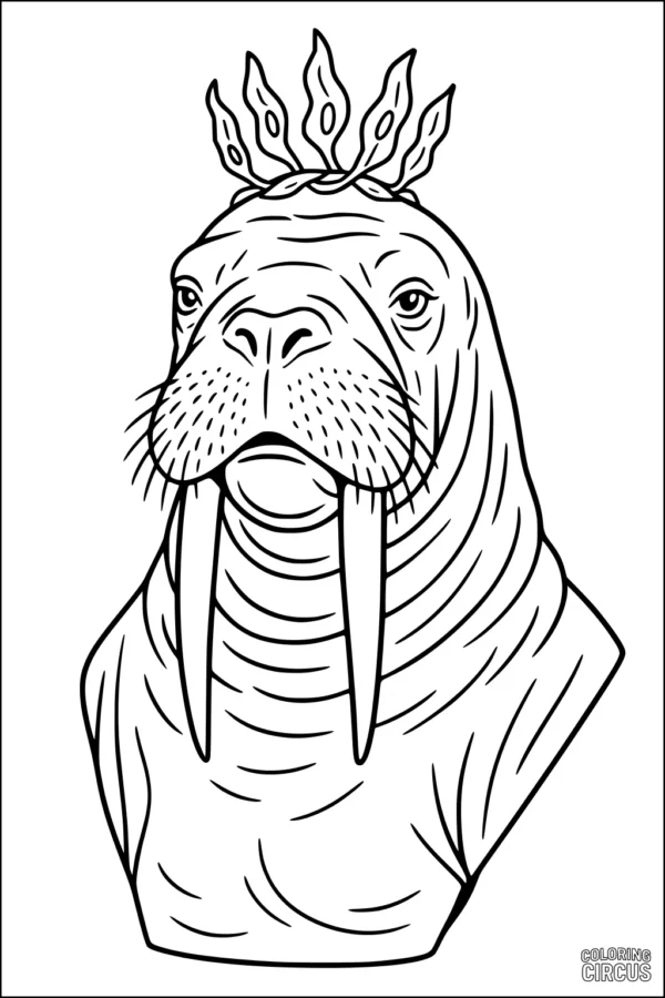 Coloring page featuring a dignified walrus wearing a seaweed crown