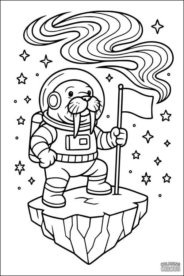 Coloring page featuring a cartoon walrus astronaut standing on a floating rock in space, holding a flag, surrounded by stars