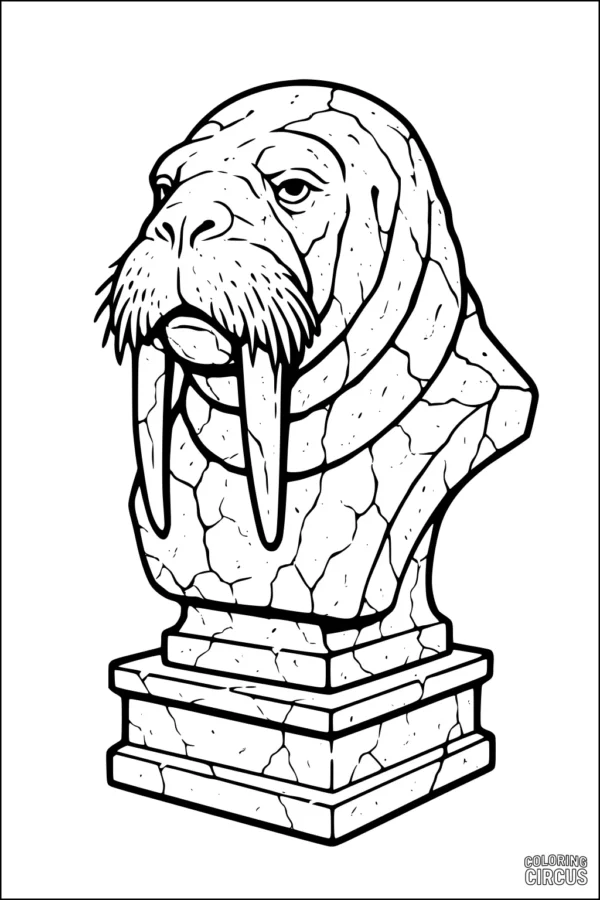 Coloring page of an intricate walrus statue bust with realistic stone textures