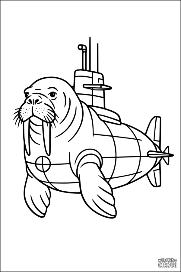Coloring page featuring a whimsical walrus combined with a submarine, perfect for kids