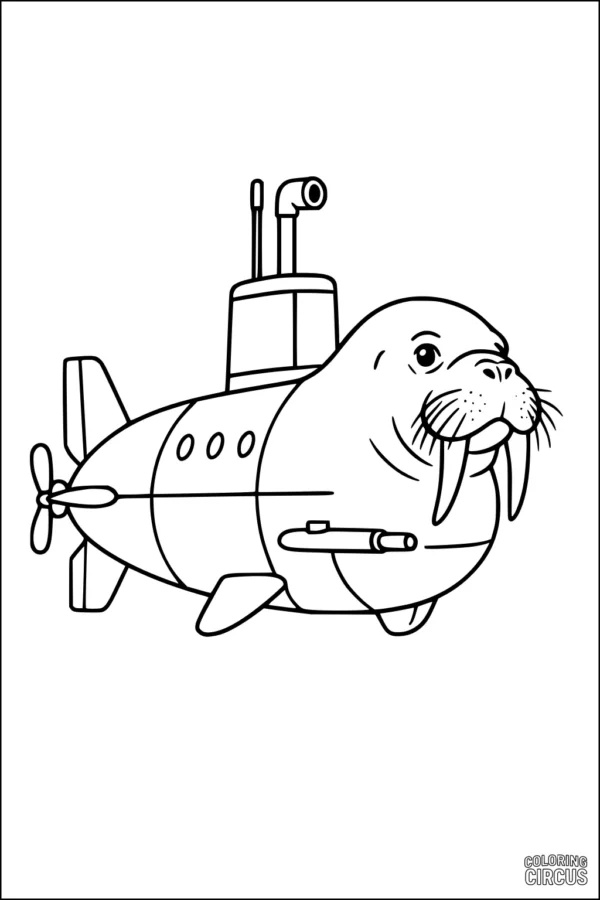 Coloring page of a cartoon walrus submarine with a periscope and propeller