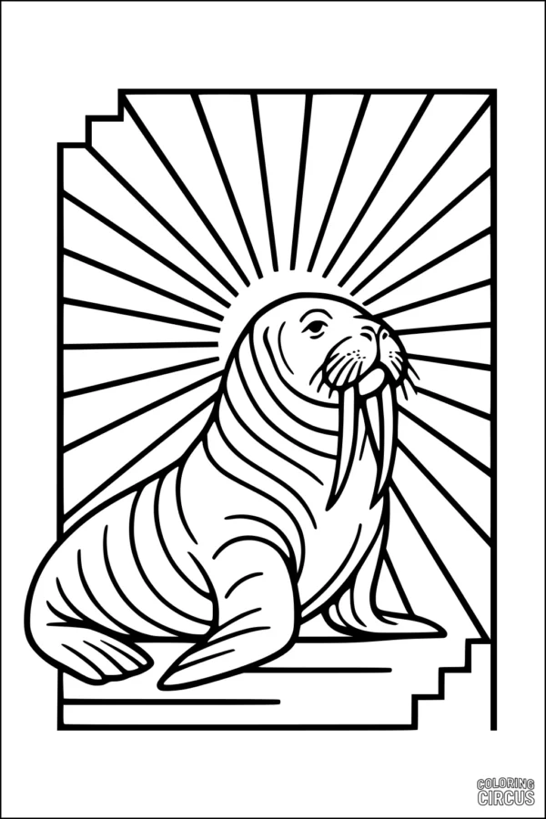 Coloring page featuring a walrus sitting with strong sun rays behind in a stylized Arctic scene