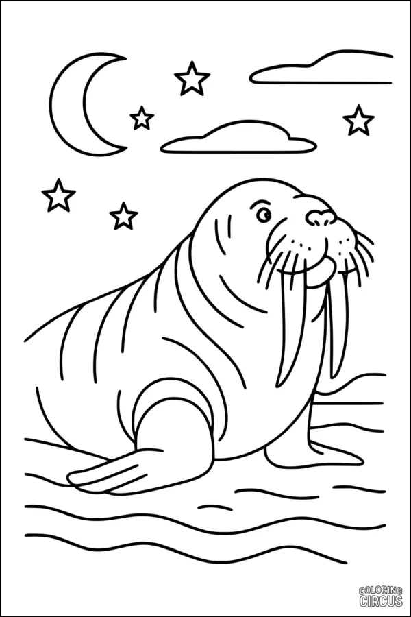 Coloring page featuring a friendly walrus at night on the shore with a crescent moon, stars, and clouds