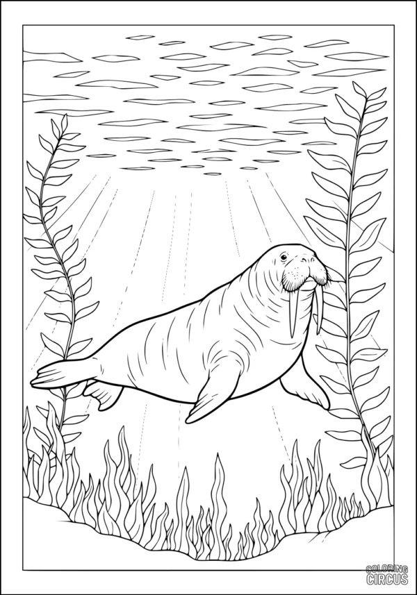Coloring page showing a walrus swimming among seaweed in an underwater scene with sunlight beams.