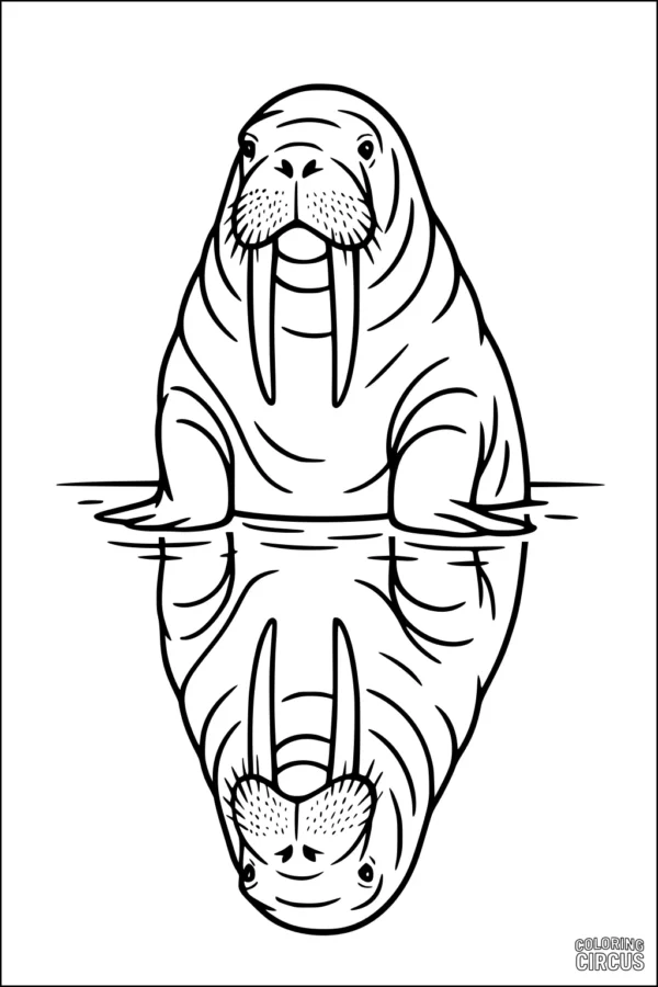 Coloring page with smiling walrus and its reflection in water