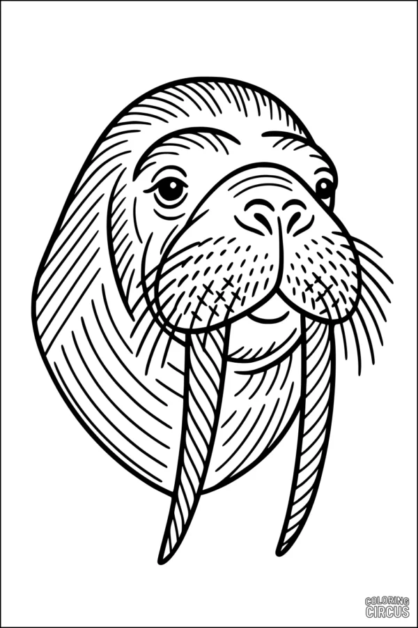 Coloring page of a cheerful walrus face with large tusks and whiskers