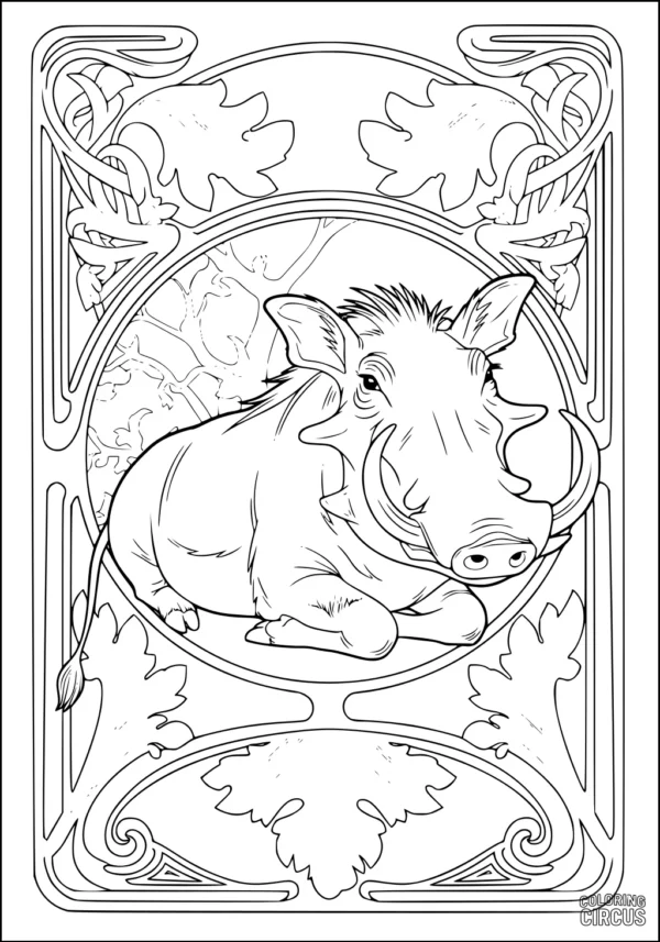 Coloring page featuring a warthog resting in an ornate art nouveau style frame with leafy patterns.