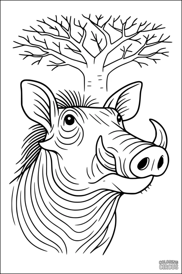 Coloring page showing a friendly warthog with a baobab tree behind its head, featuring bold lines and savanna details