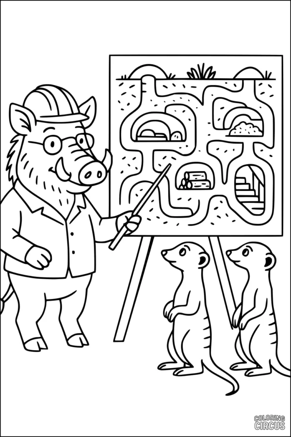 Coloring page featuring a friendly warthog teaching meerkats about burrows on a diagram