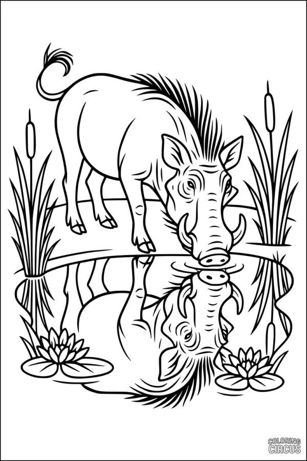 Coloring page warthog drinking water at pond with reflection and lilies