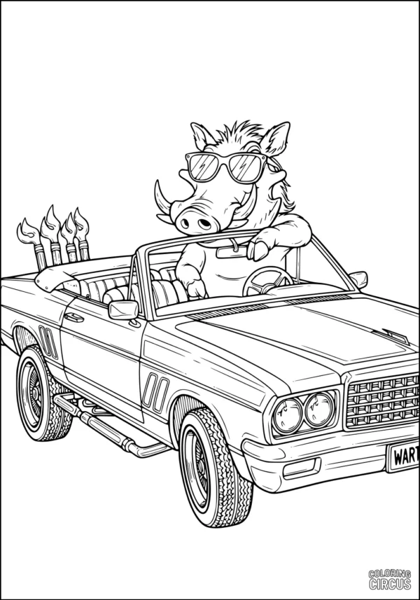Coloring page of a cheerful warthog wearing sunglasses driving a convertible car with paintbrushes in the back
