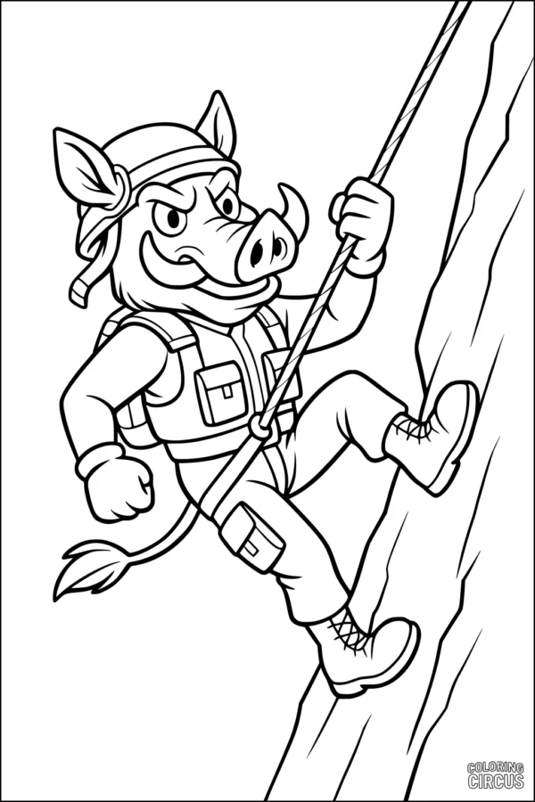 Coloring page of a cartoon warthog climbing a cliff in adventure gear