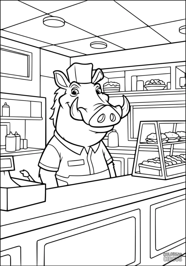 Coloring page of cartoon warthog as a friendly diner chef behind a counter with pies and sandwiches