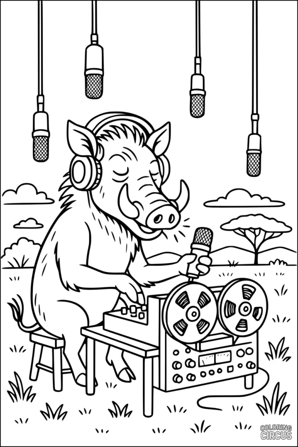 Coloring page warthog DJ with headphones and microphones in savanna
