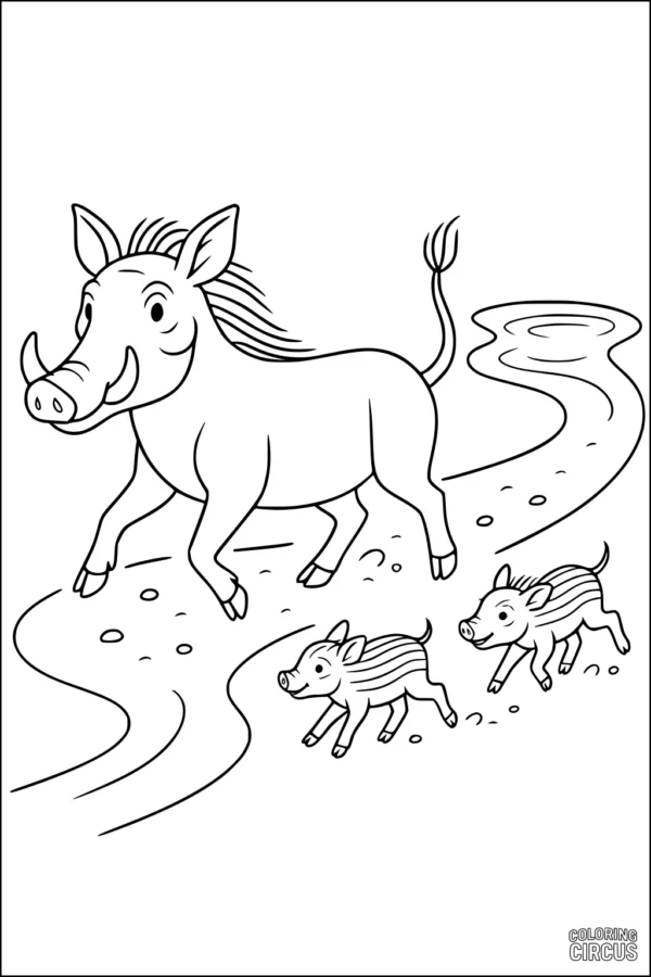 Coloring page shows a happy warthog with two piglets walking beside a waterhole on a savanna path